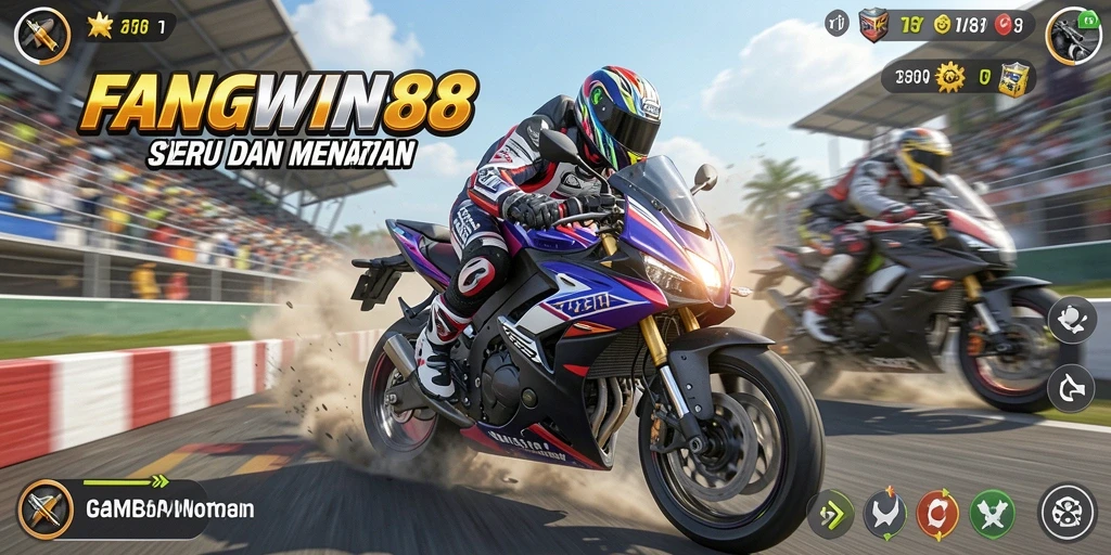 Screenshot gameplay FANGWIN88 menunjukkan balapan motor yang mendebarkan.