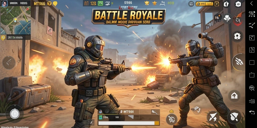 Screenshot gameplay MT966 menampilkan pertempuran seru dalam mode Battle Royale.